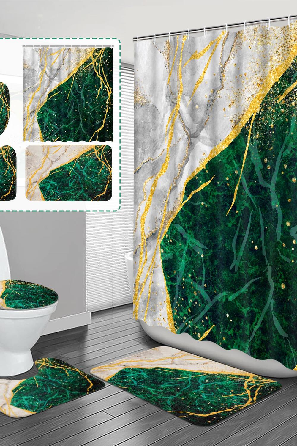 Stylish bathroom set with a shower curtain and decorative bathroom mats.