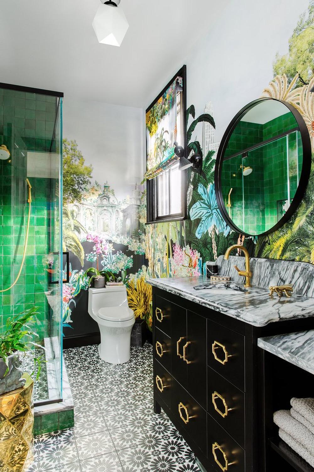 Vibrant bathroom featuring modern aesthetics and nature-inspired touches