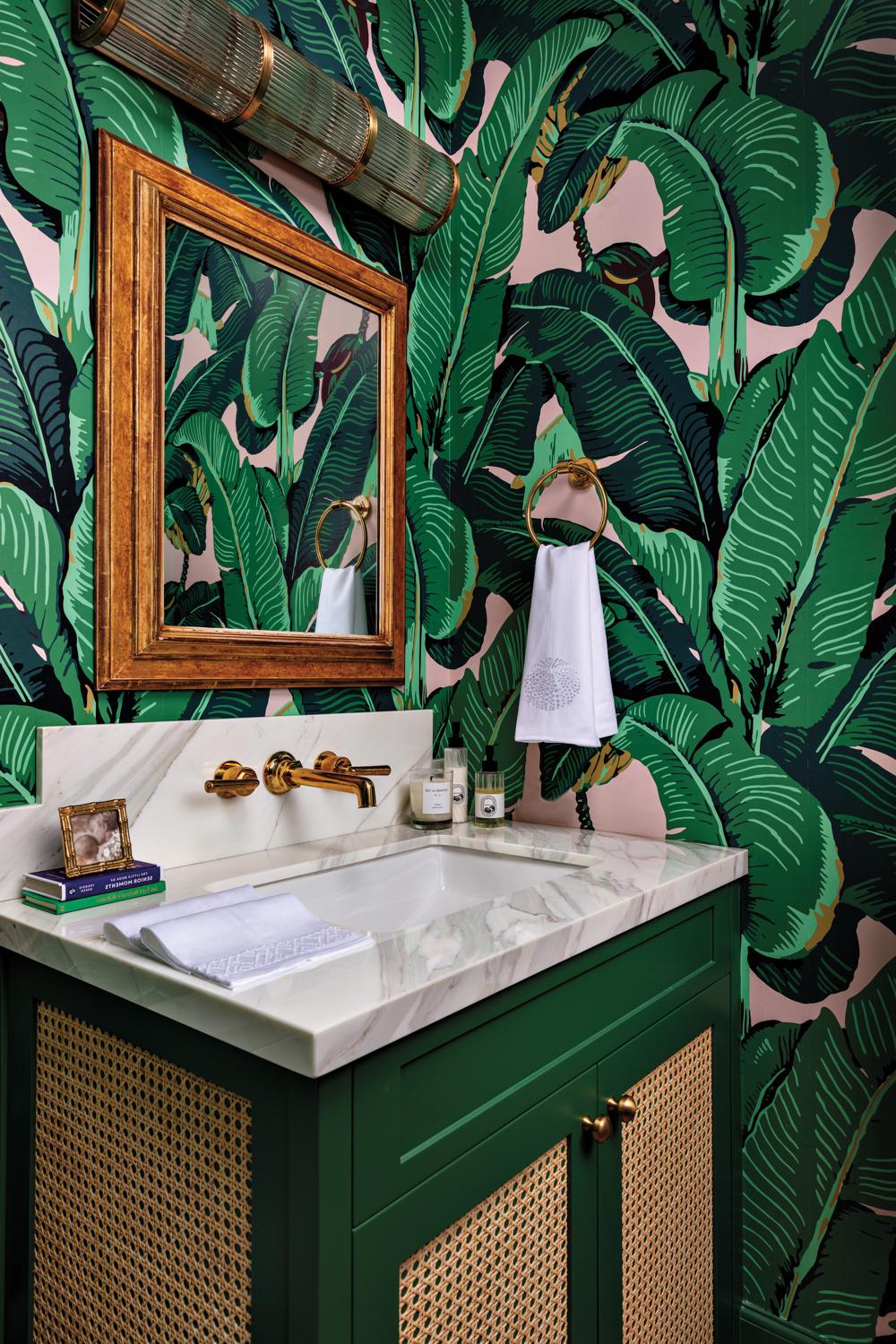 A vibrant tropical bathroom featuring green elements and elegant accents, creating an inviting space.