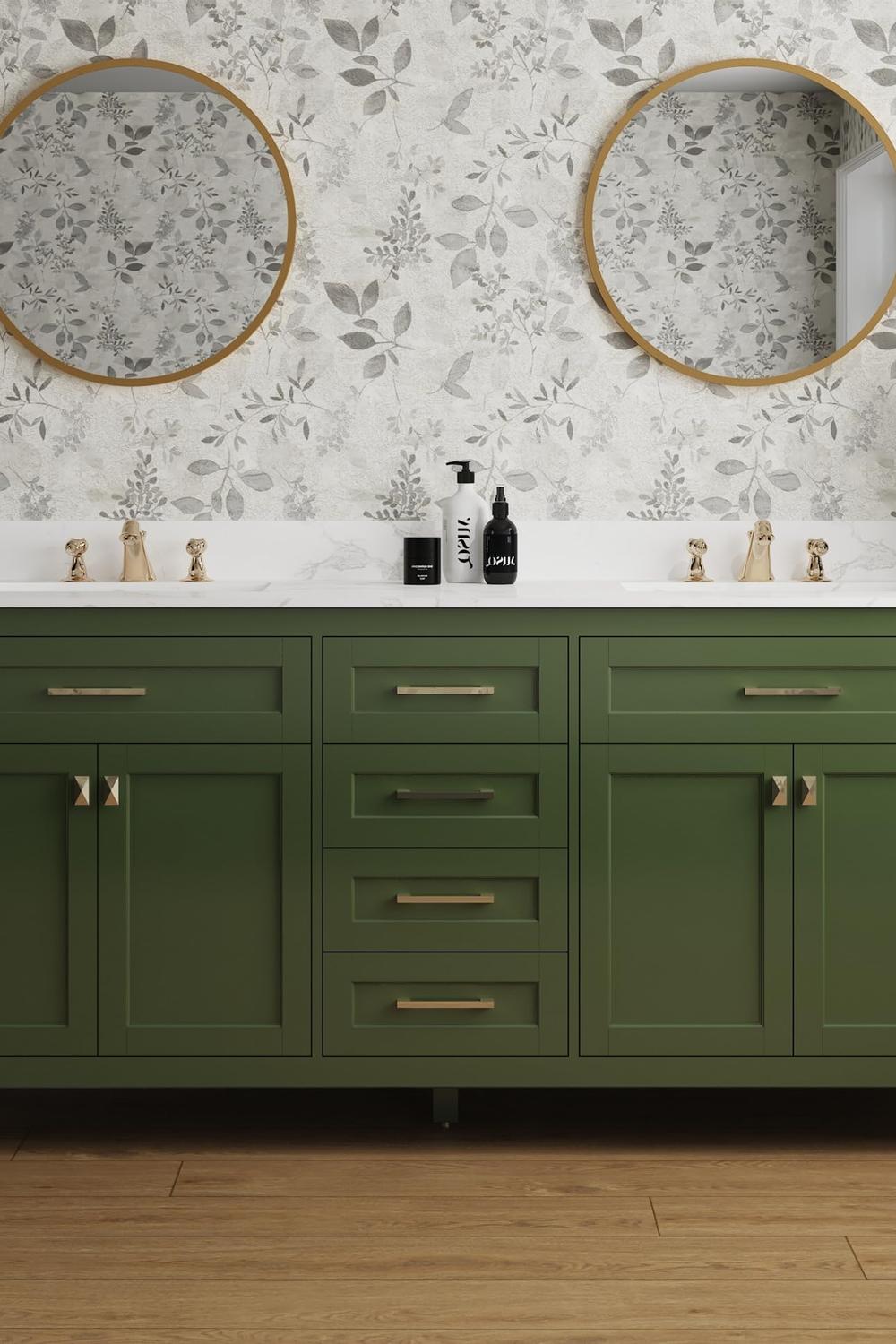 Stylish deep green bathroom vanity with dual sinks and gold faucets