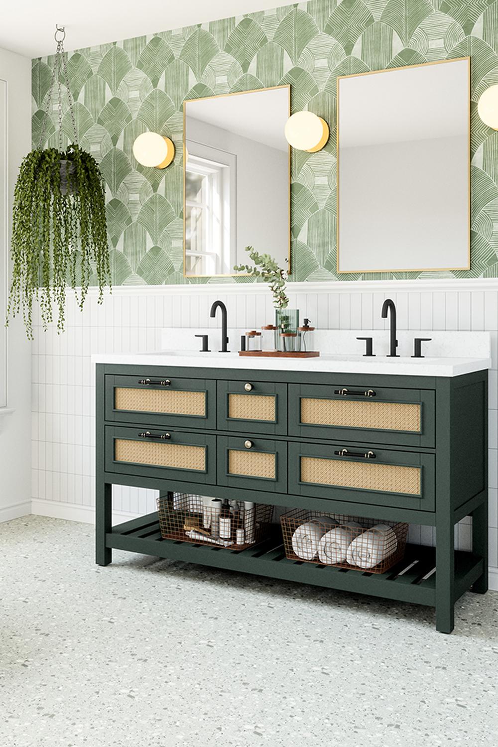 Chic green bathroom vanity with stylish glass sconces and vibrant decor