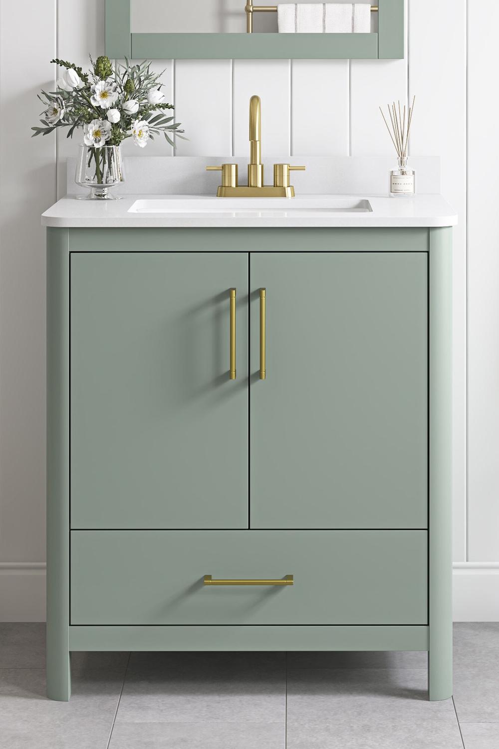 Charming green bathroom vanity with artistic arches and sleek design