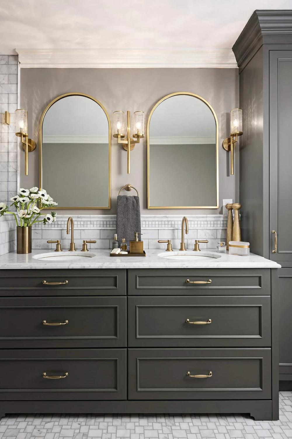 Dark green bathroom vanity with bold features and geometric designs