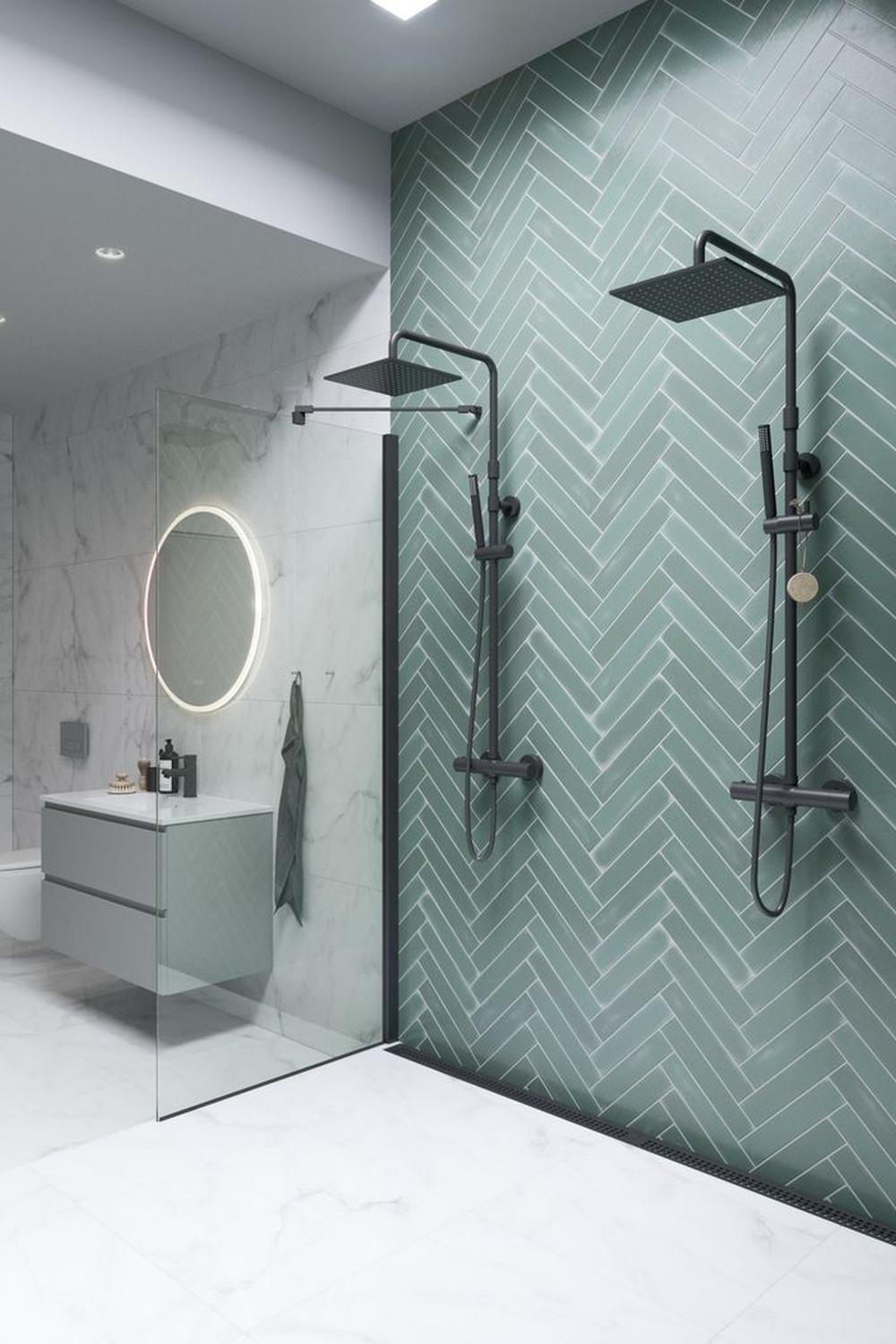 Modern bathroom with elegant herringbone tiles and sleek textures