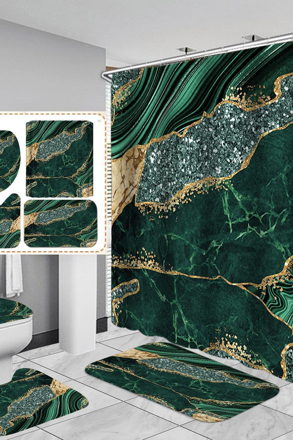 A stylish green marble-themed bathroom with decorative elements and modern accessories.