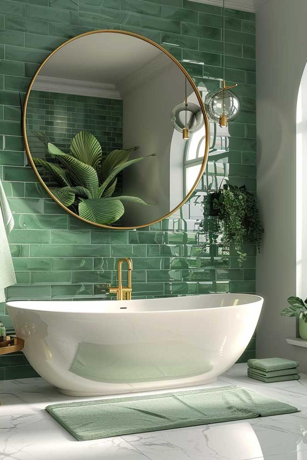 Sophisticated bathroom design with green tiles and modern finishes.