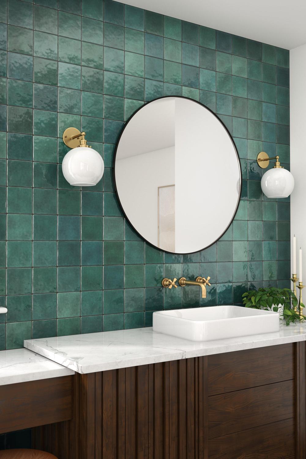 Baño elegante con azulejos verde Zellige