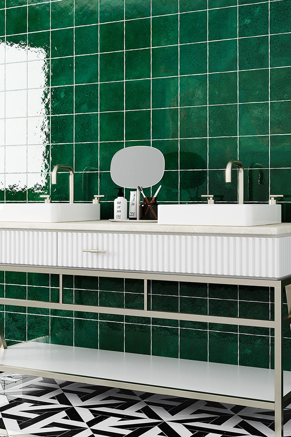 Luxurious zellige bathroom with geometric patterns.