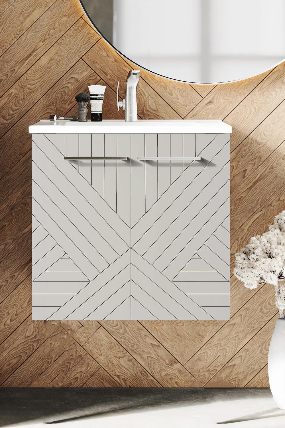 Lavabo en greige con diseño de chevron, moderno y atractivo.