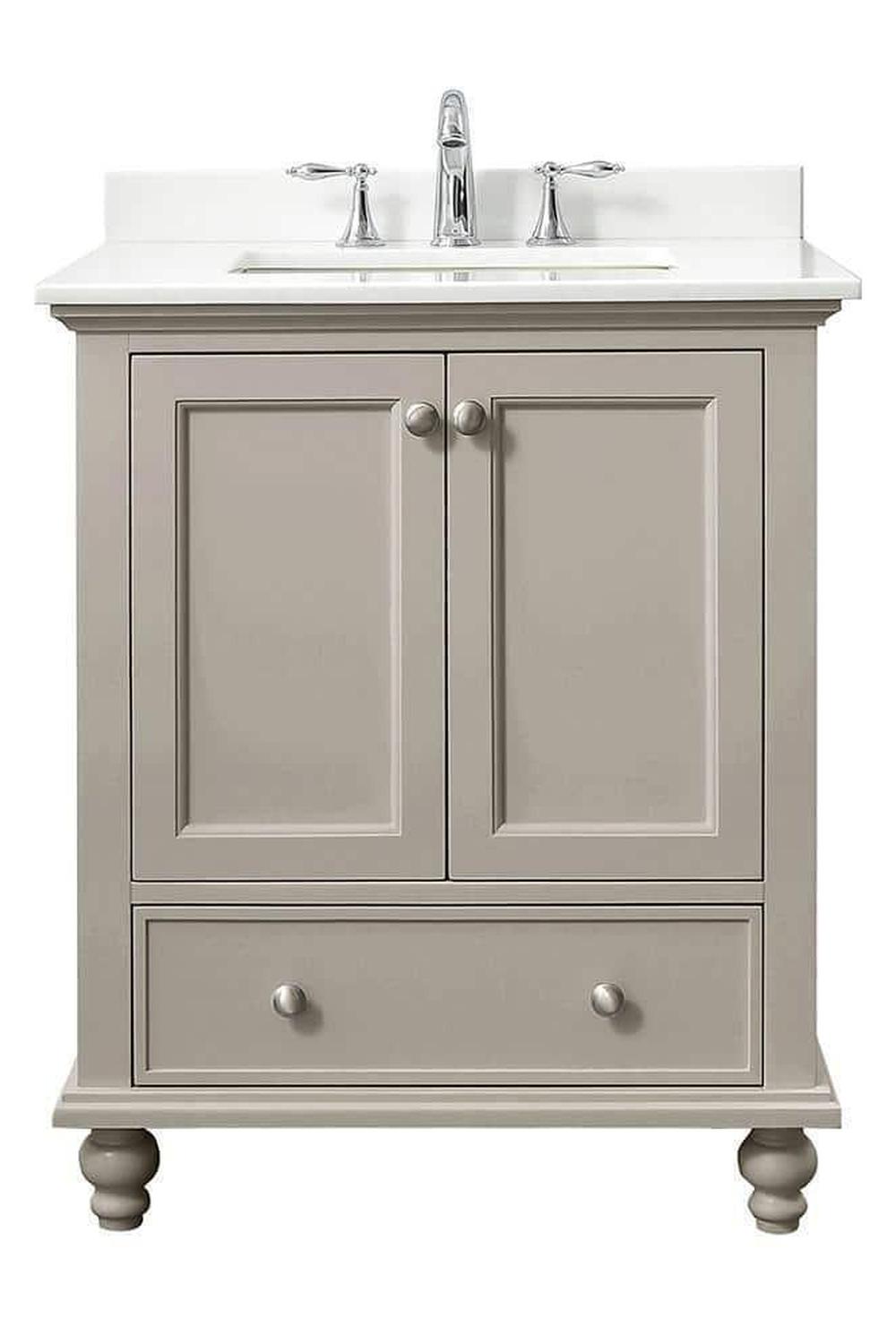 Lavabo en greige que destaca por su funcionalidad y atractivo visual, elegante y acogedor.