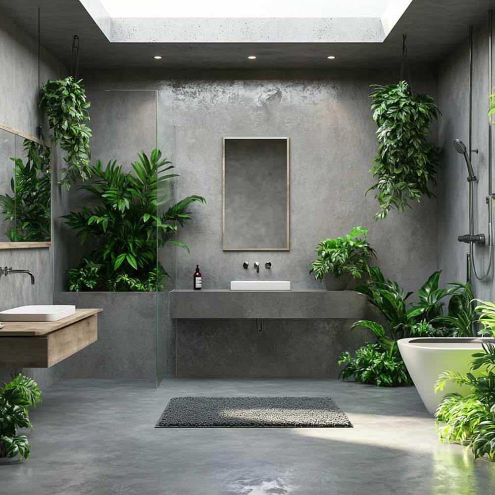 Baño gris con toques naturales y modernos