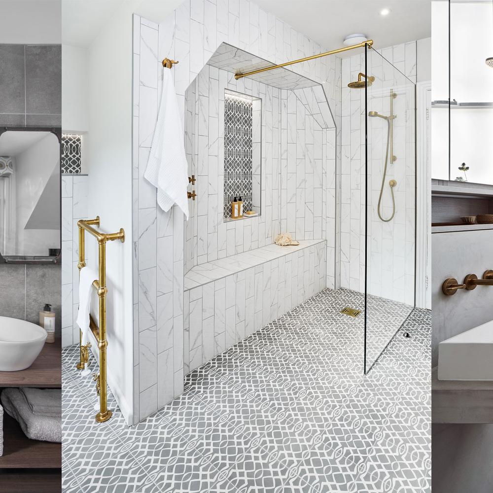 Sleek shower area and luxurious marble-effect tiles in a grey bathroom