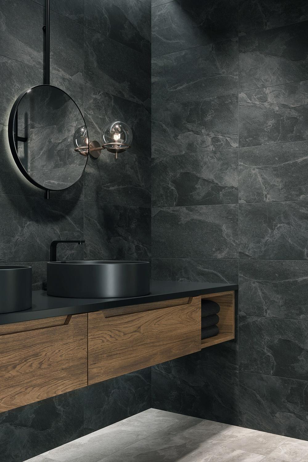 Unique tile shapes create visual interest in a modern bathroom