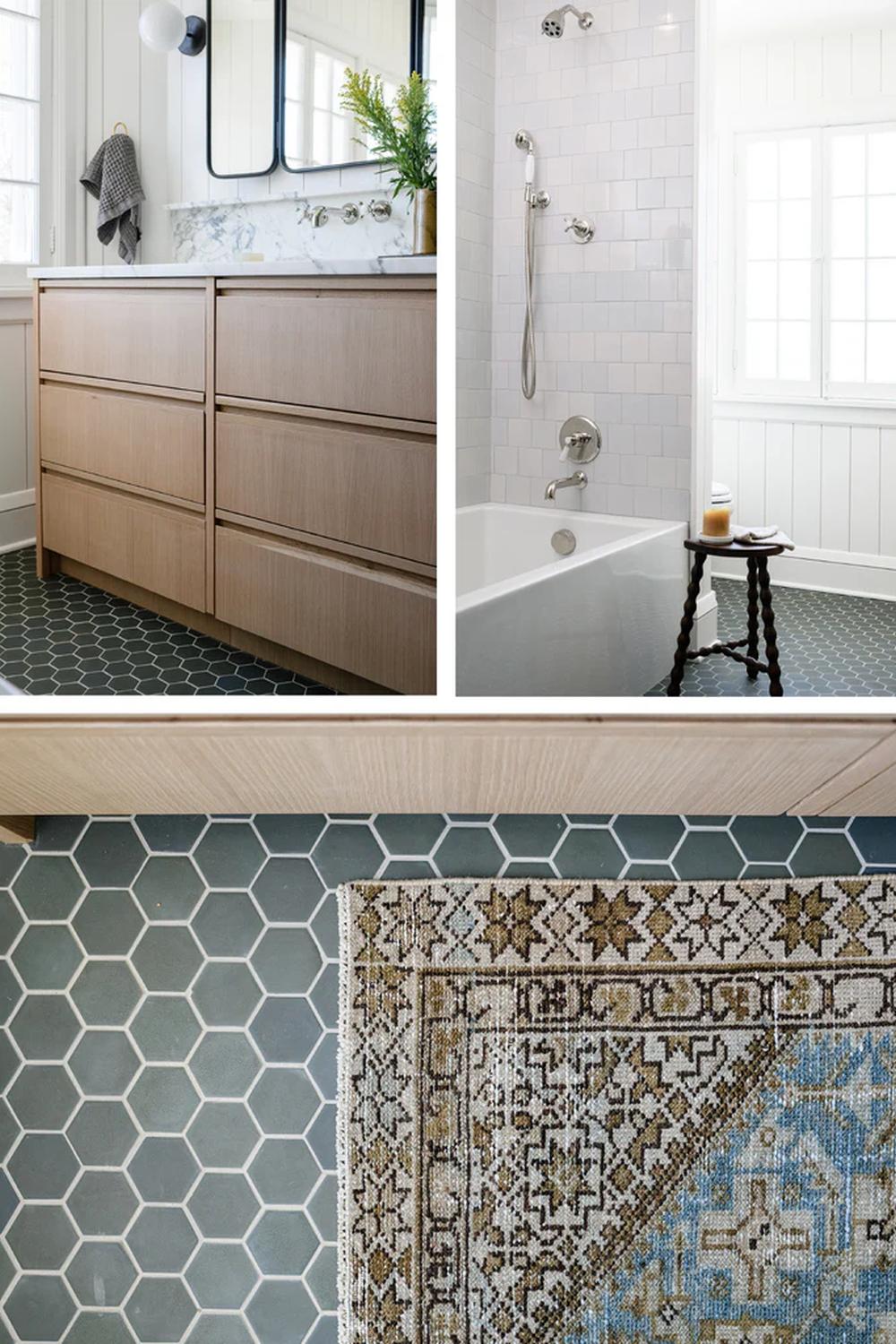 Suelo de baldosas hexagonales grises en un baño moderno