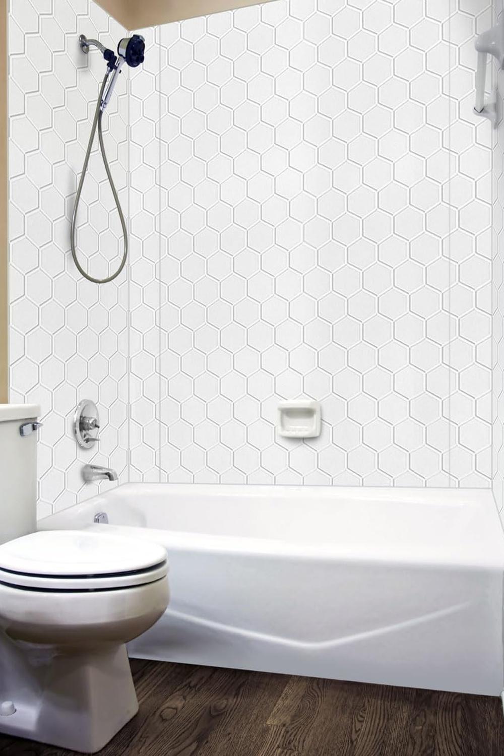 Crisp white hexagon tiles with vibrant bathroom accessories