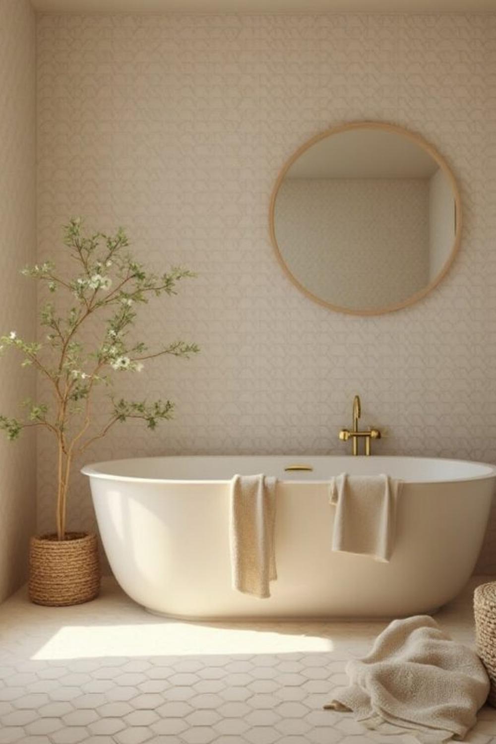 Luxurious freestanding bathtub with elegant hexagon tile design
