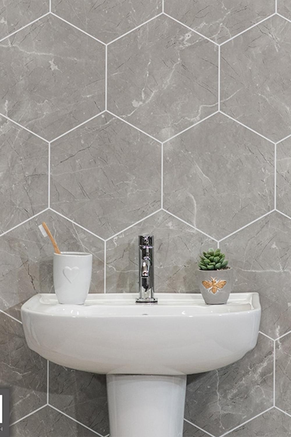 Elegant gray hexagon tiles combined with rustic elements
