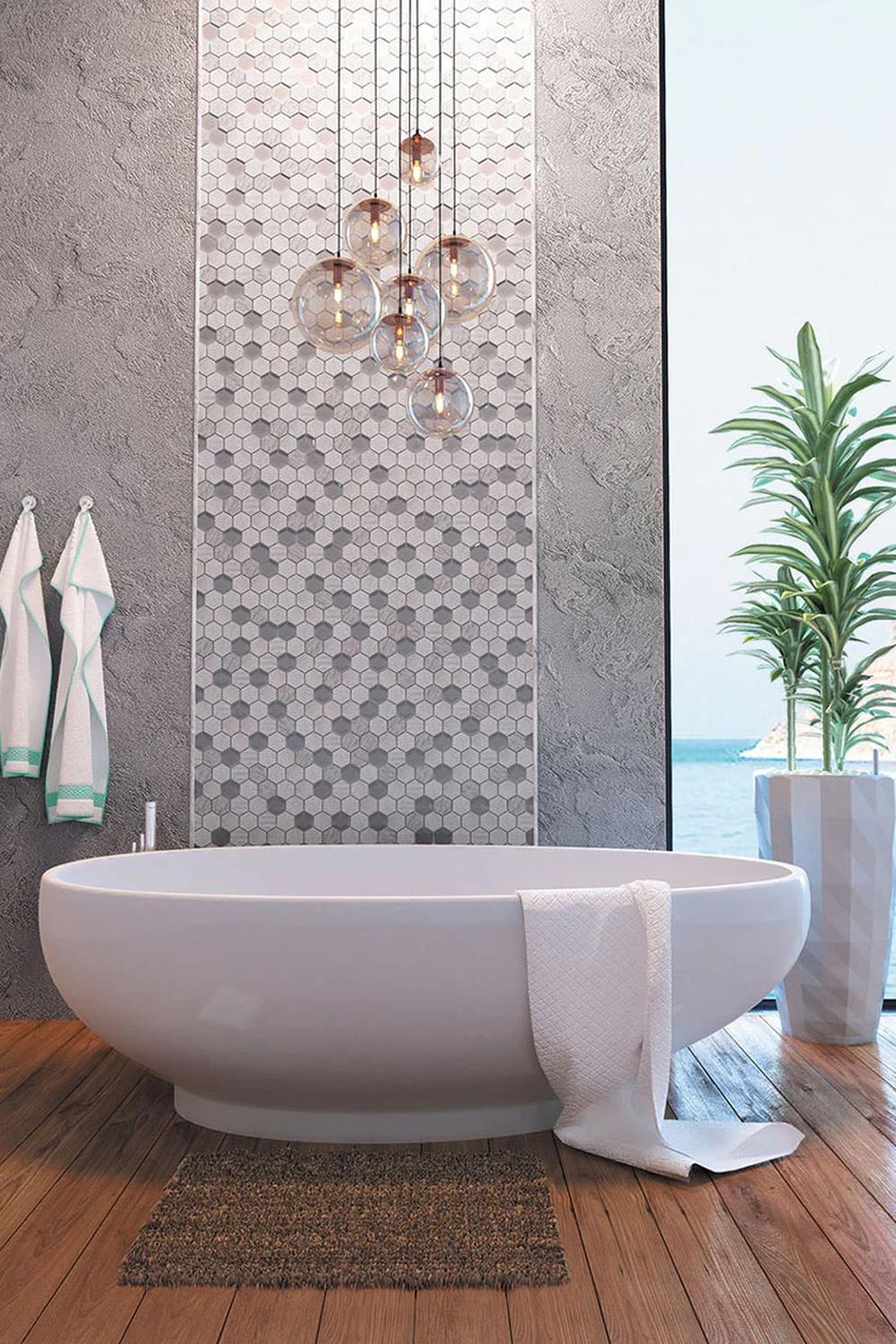 Charming bathroom with soft textures and striking hexagon tiles