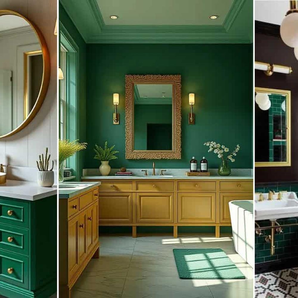 Baño vintage elegante en tonos verdes y dorados