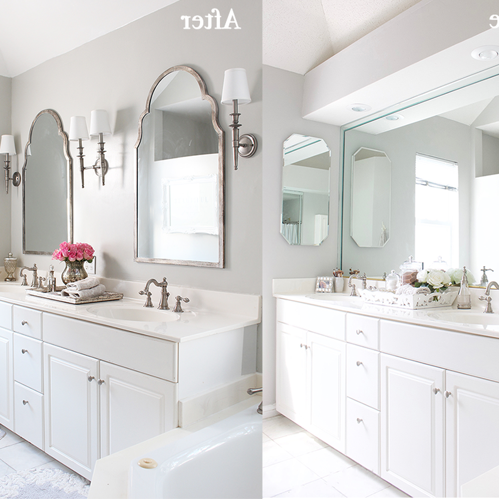 Before-and-after bathroom transformation showcasing warm wooden elements and updated lighting