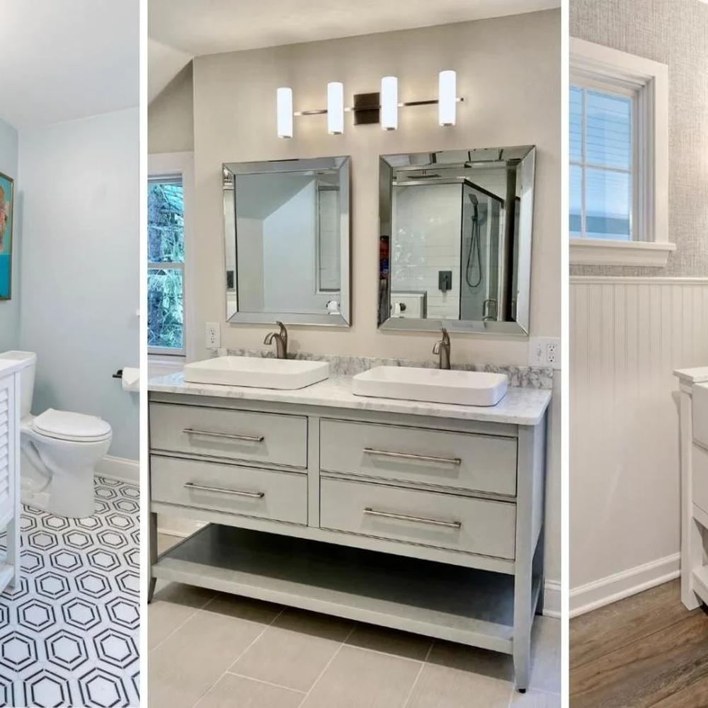 Three diverse bathroom designs featuring spa-like elements and varied soffit features