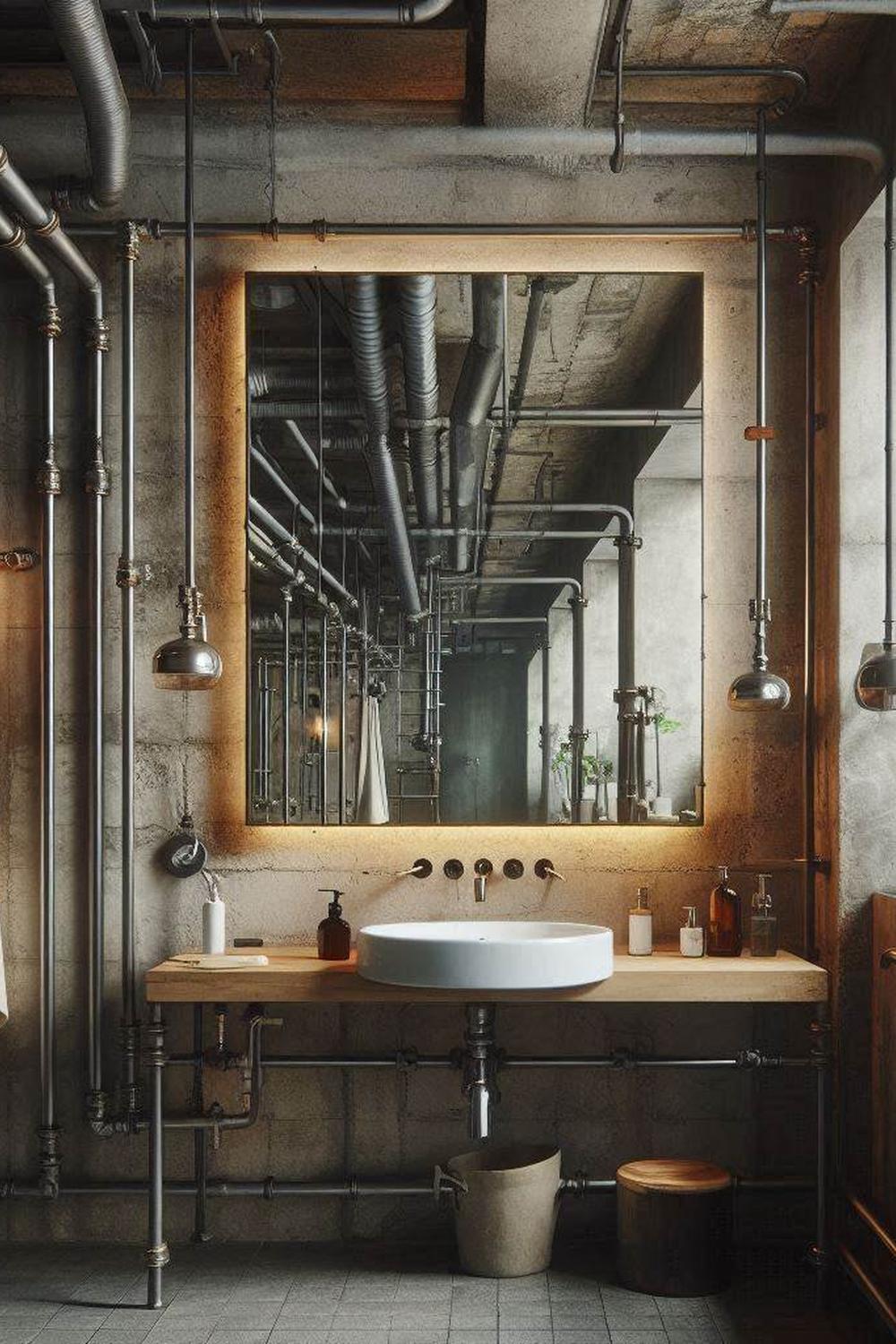 A modern industrial bathroom featuring concrete walls, metal fixtures, and a large round basin sink on a wooden countertop.