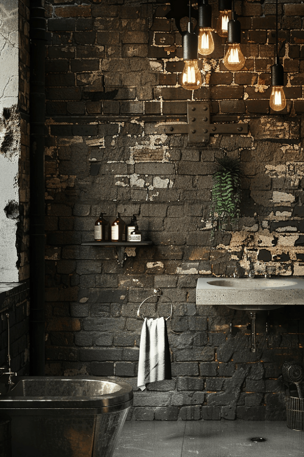 A rugged industrial bathroom featuring dark weathered brick walls, vintage Edison bulbs, and a minimalist concrete sink.