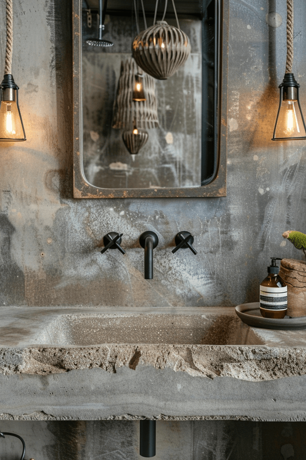 A modern industrial bathroom featuring a concrete sink, wall-mounted faucets, and pendant lights for ambiance.