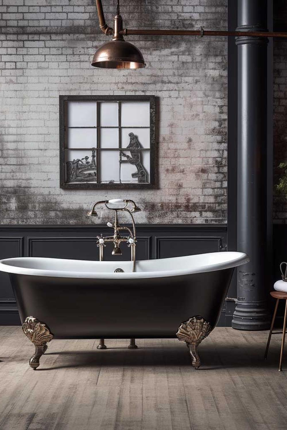 A vintage freestanding bathtub in an industrial bathroom with exposed brick and modern fixtures.