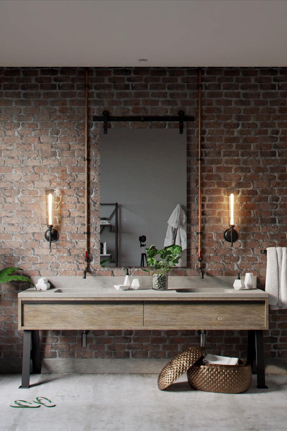 An industrial bathroom featuring a rustic wooden vanity with a concrete countertop and large mirror.