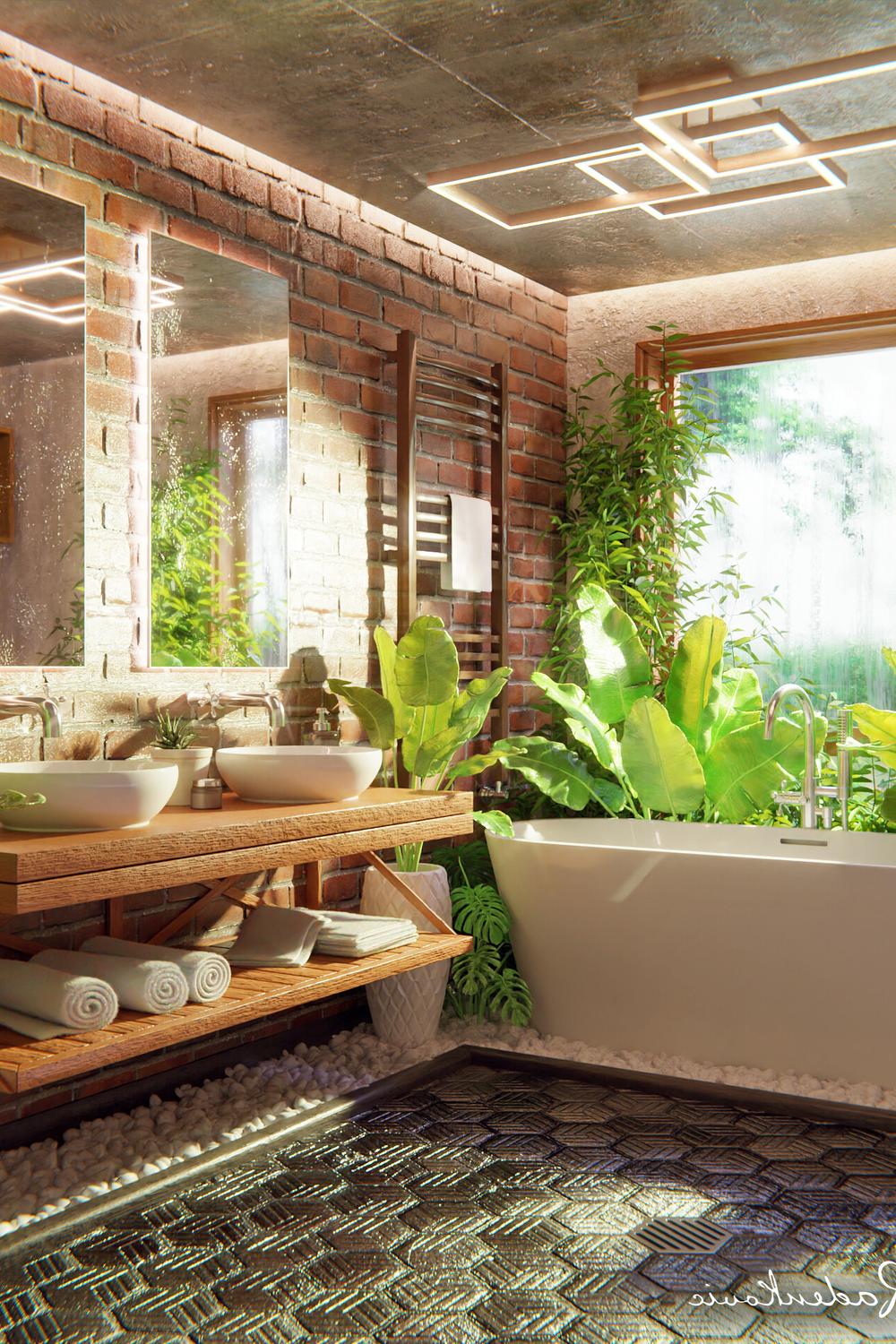 An industrial bathroom with a freestanding bathtub, wooden shelf vanity, and potted plants for a fresh touch.