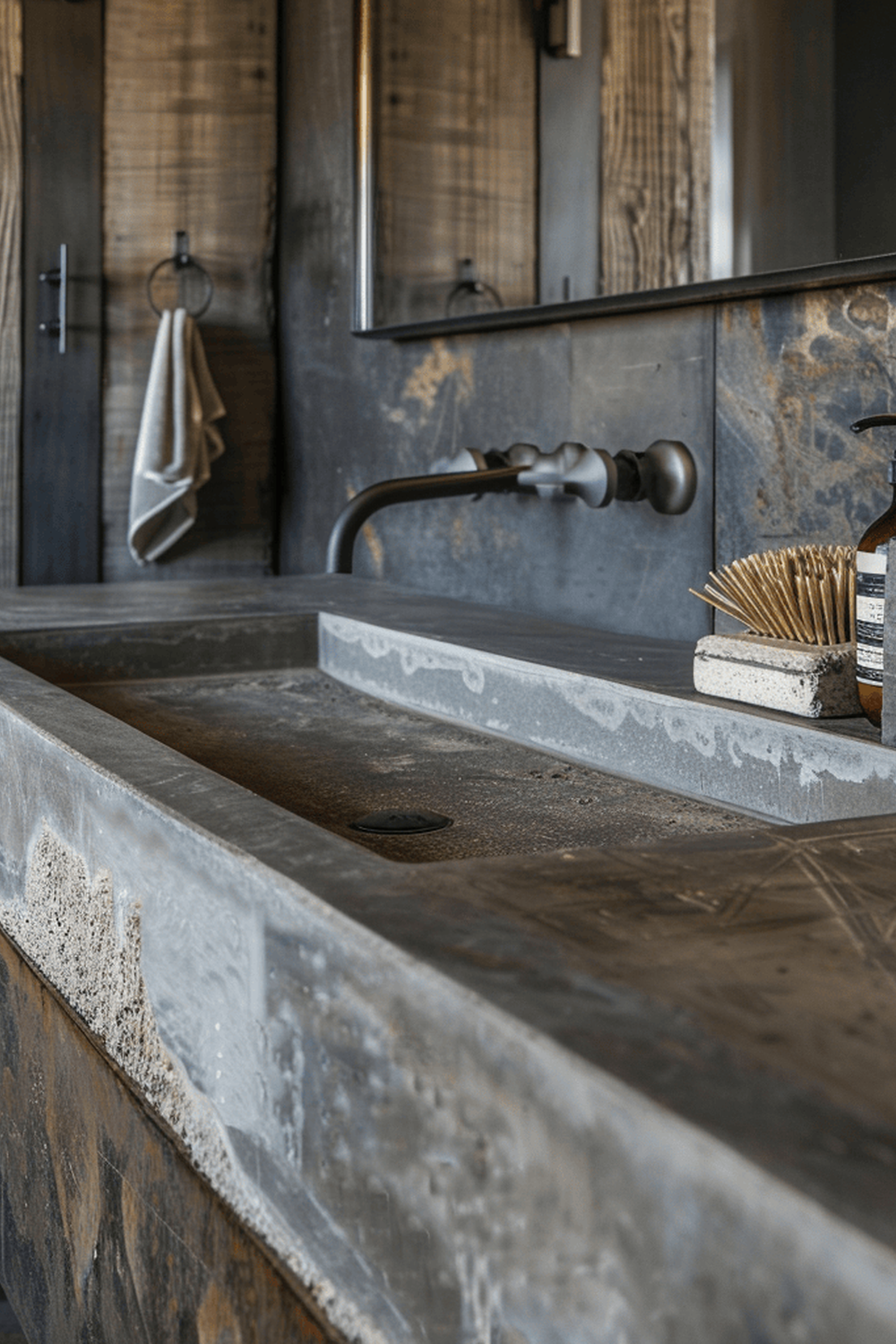 A minimalist industrial bathroom with rugged concrete walls, a raw concrete sink, and wooden accents.