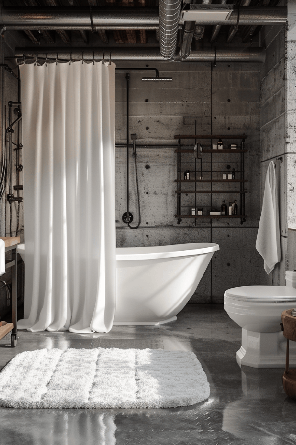 An industrial bathroom featuring polished concrete flooring, a freestanding white bathtub, and natural light.