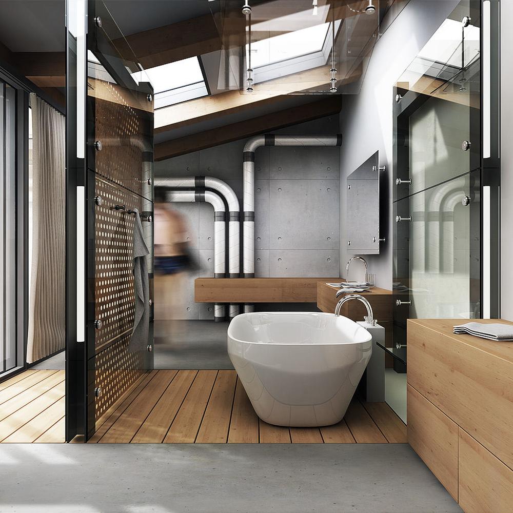 Baño industrial abierto y luminoso con estilo contemporáneo