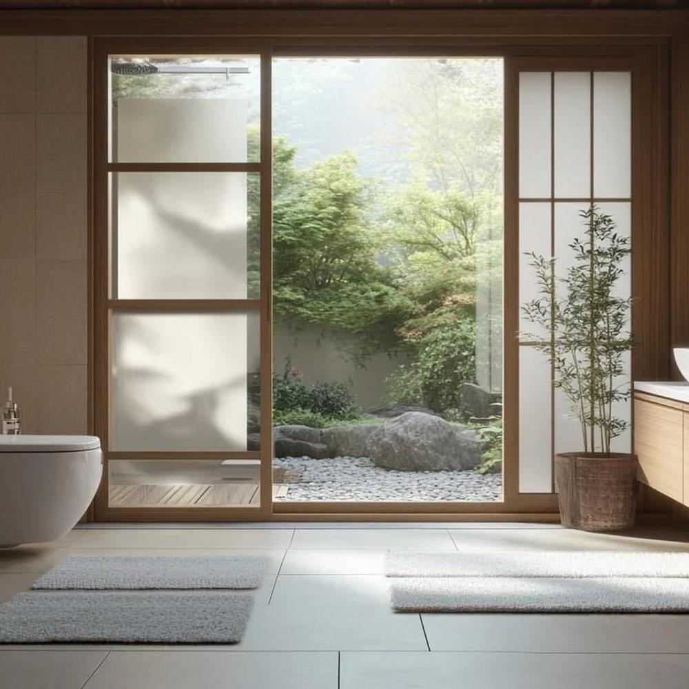 Baño japonés con puerta corredera de cristal y vista al jardín