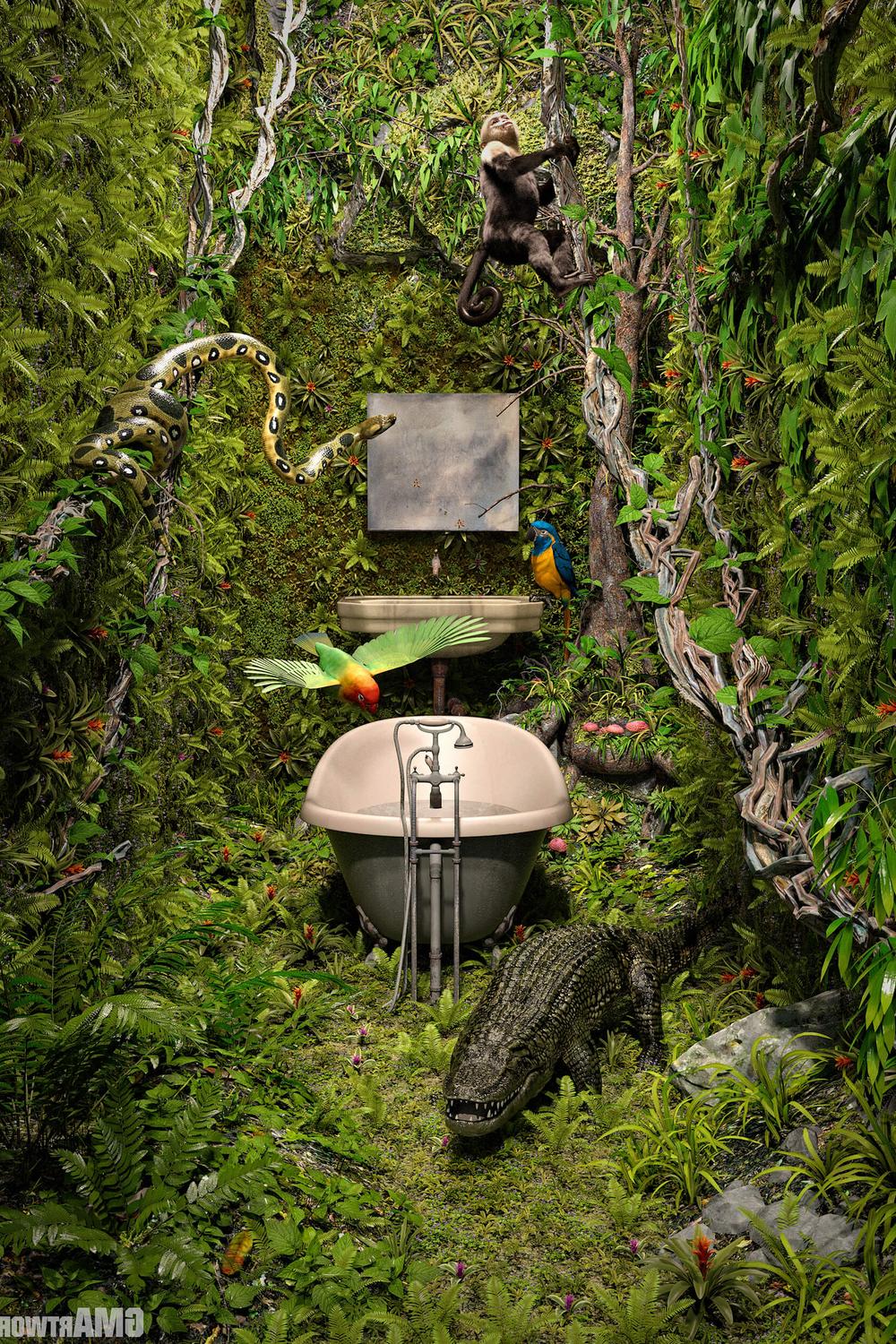 Baño caprichoso con elementos de la selva