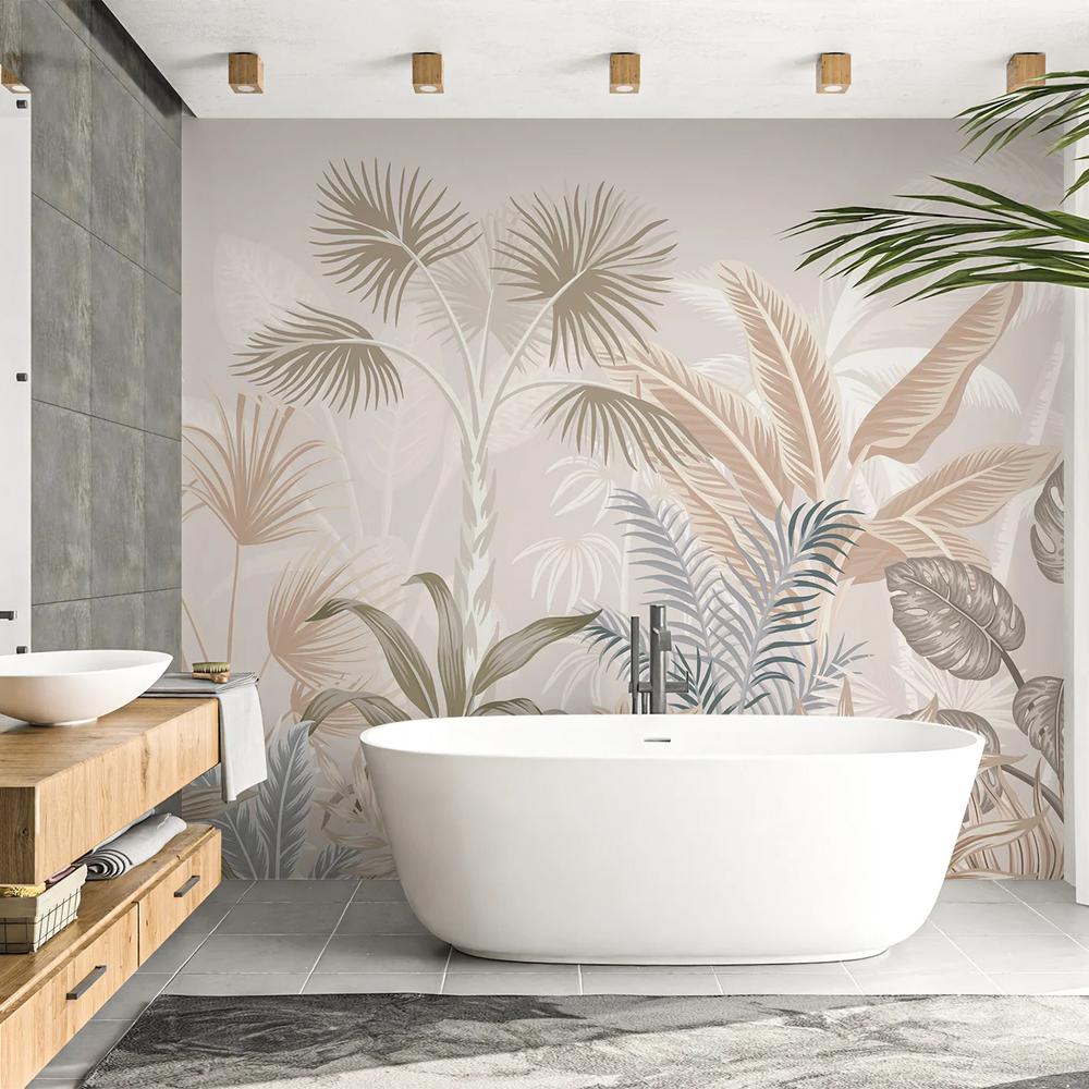 Baño contemporáneo con mural de plantas tropicales