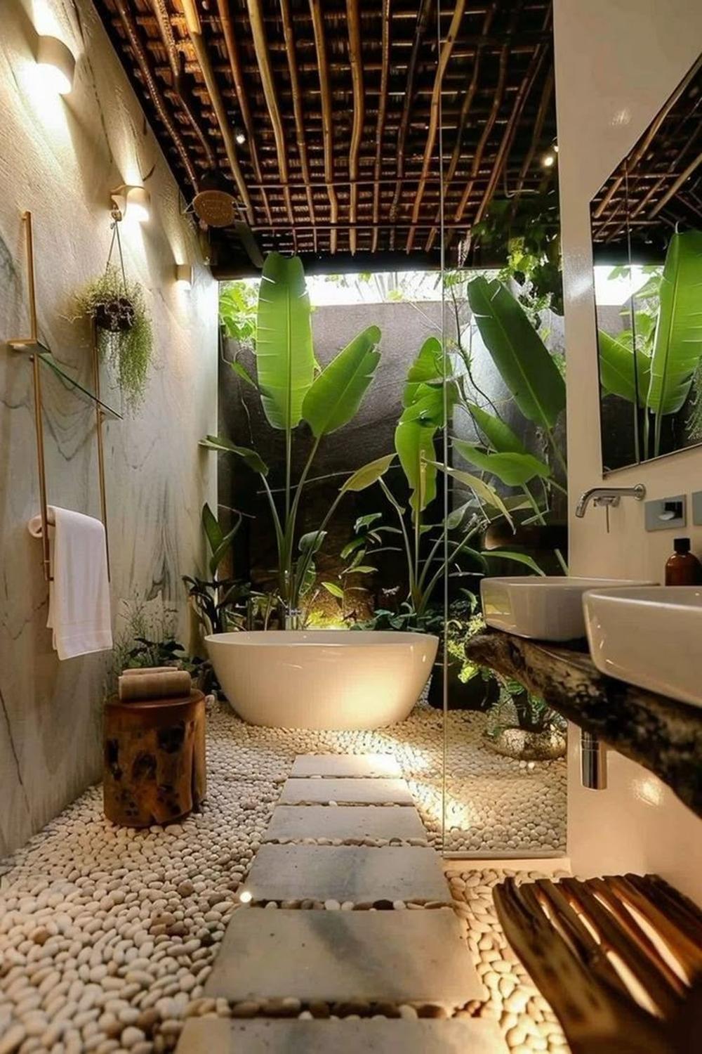 Baño abierto con diseño natural