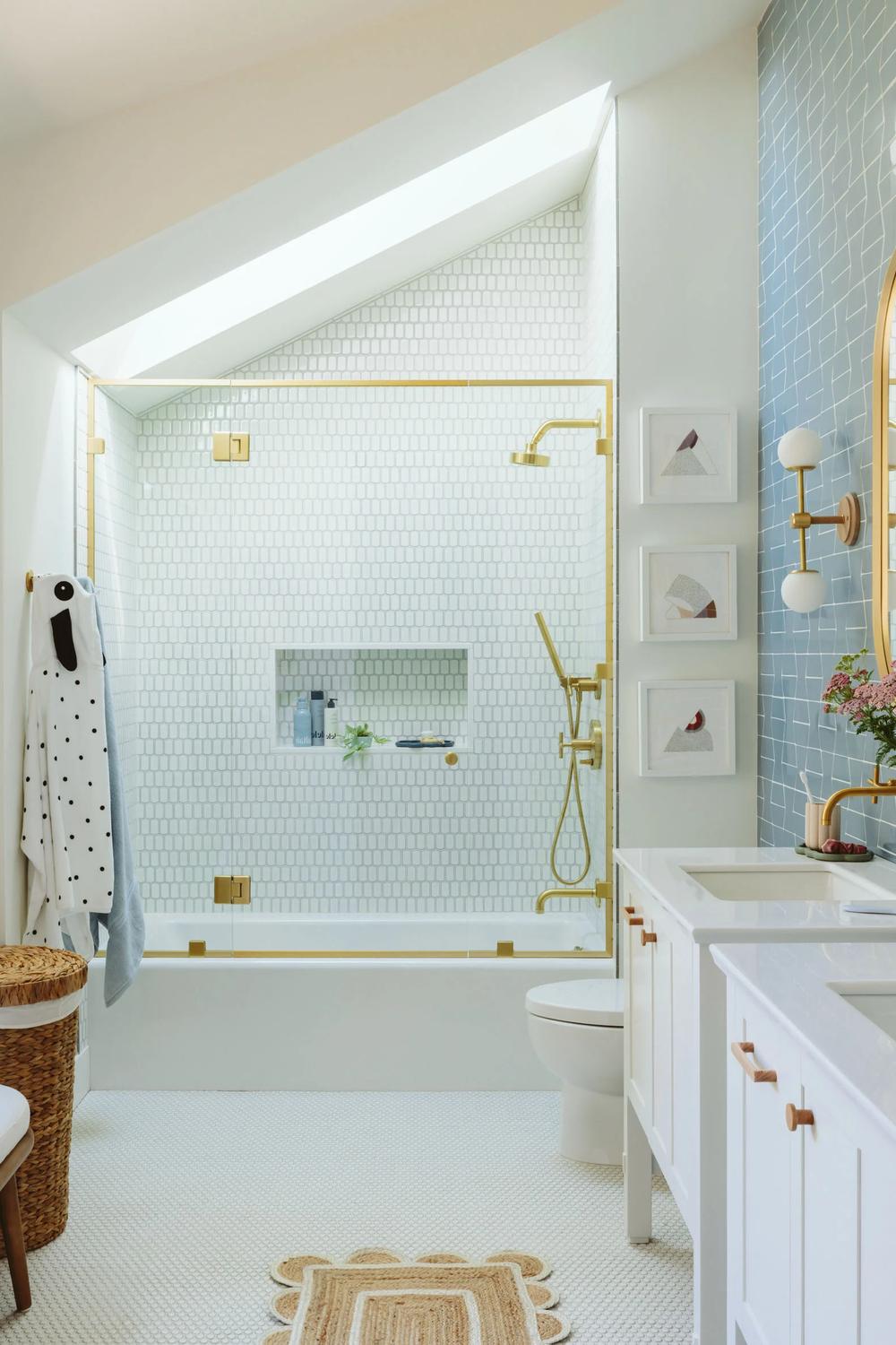 A bright kids' bathroom equipped with a luxurious bathtub and playful decor.