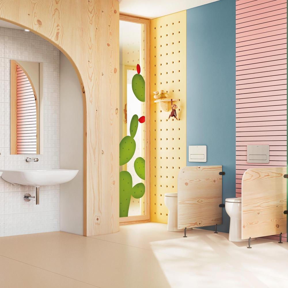 A vibrant kids' bathroom using natural accents and playful design to create a welcoming atmosphere.