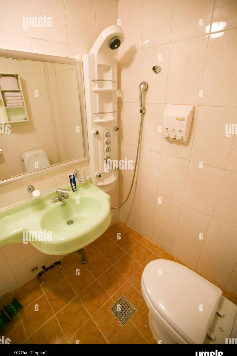 A compact Korean bathroom showcasing a modern shower system and efficient storage solutions.