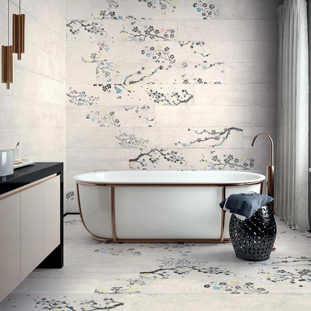 Luxurious bathroom with earthy tones and large format tiles featuring floral motifs