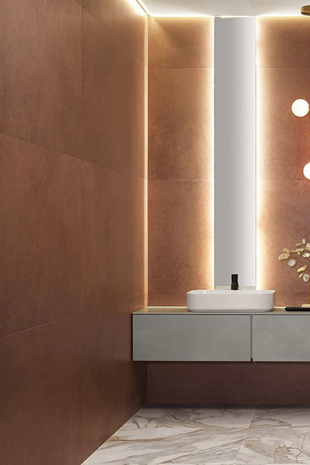 Modern bathroom highlighting a warm brown finish with large format tiles