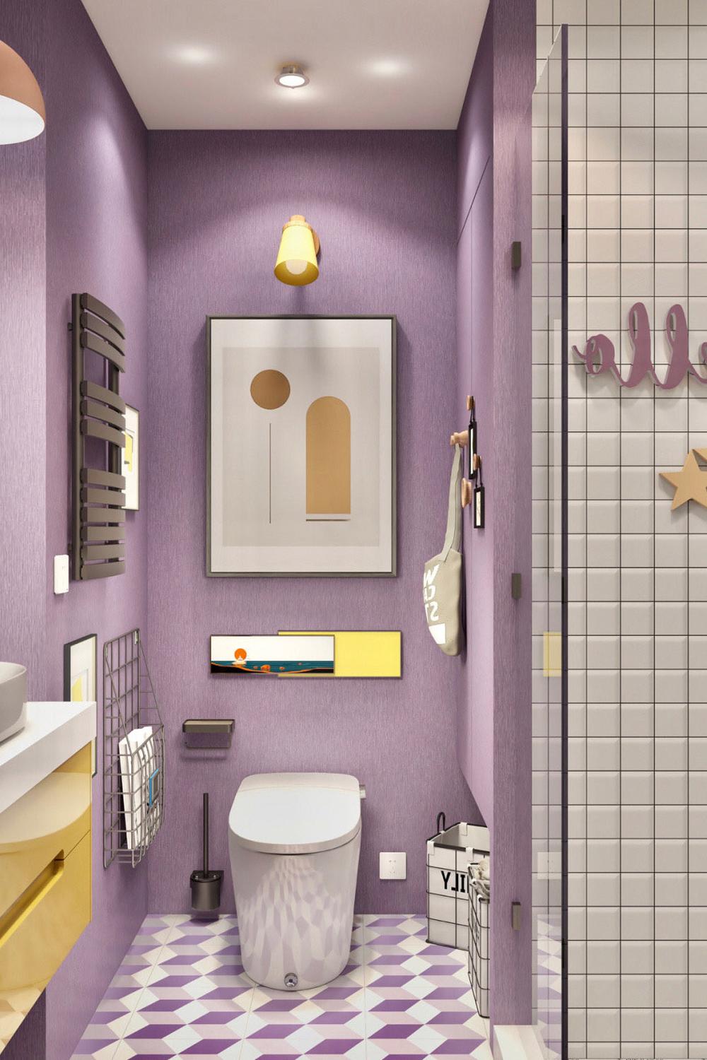 Modern compact bathroom designed with a lavender color scheme and efficient use of space.