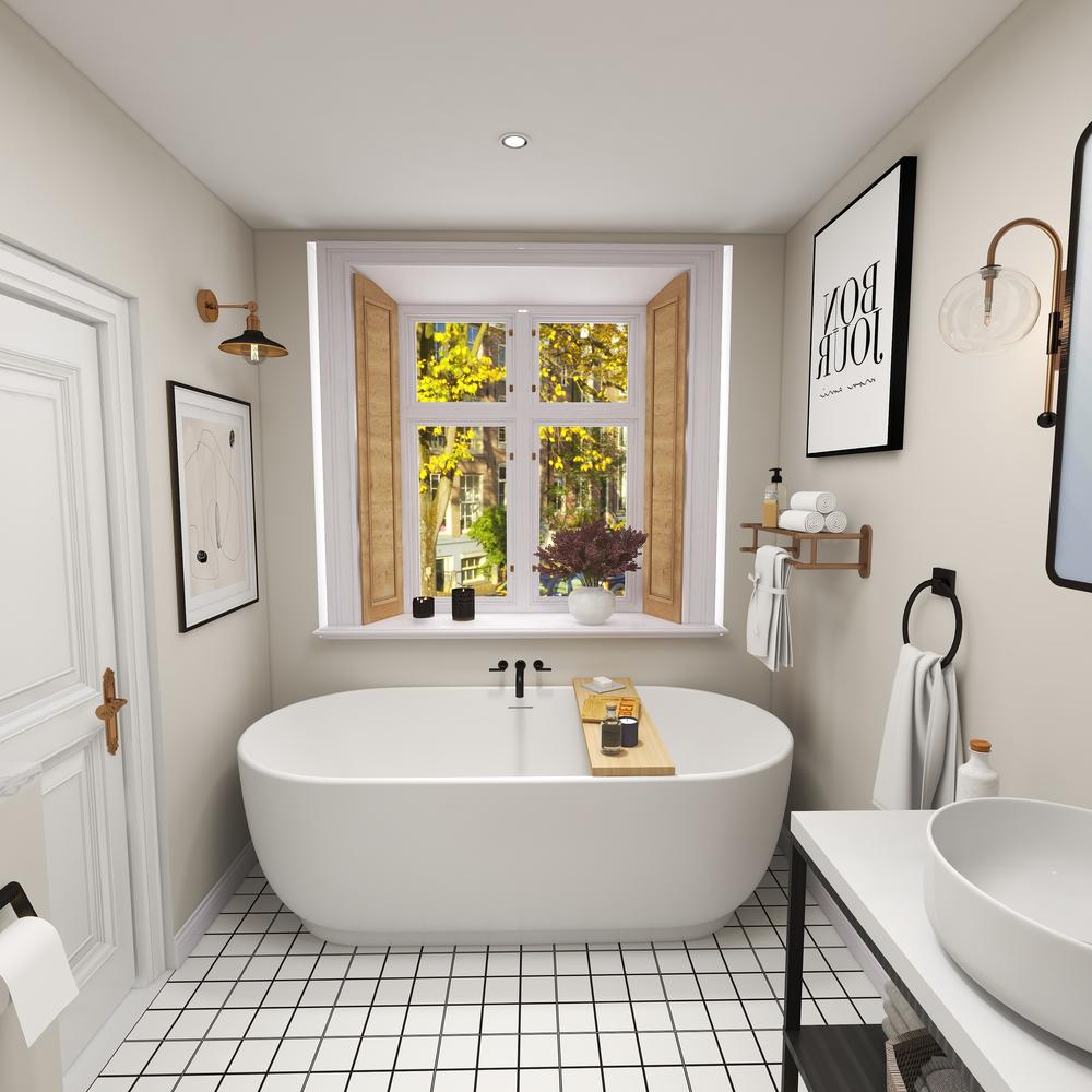 Minimalistic bathroom design with a lavender theme and functional elements.