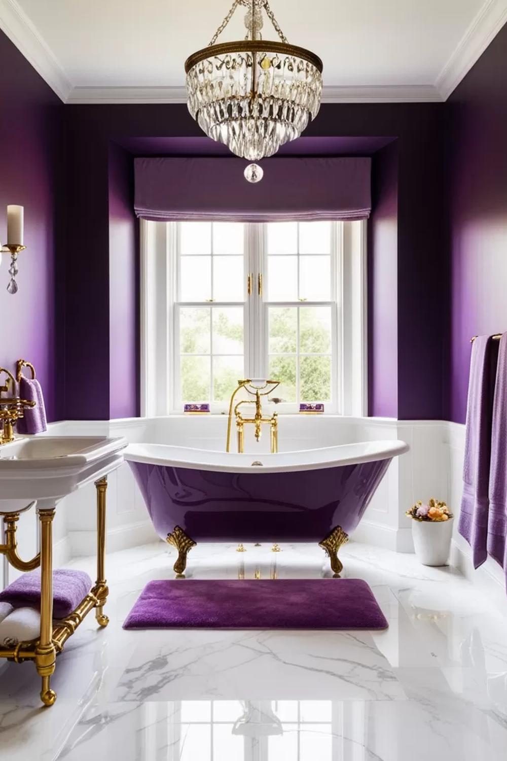 Luxurious bathroom showcasing deep lavender hues and crystal accents.