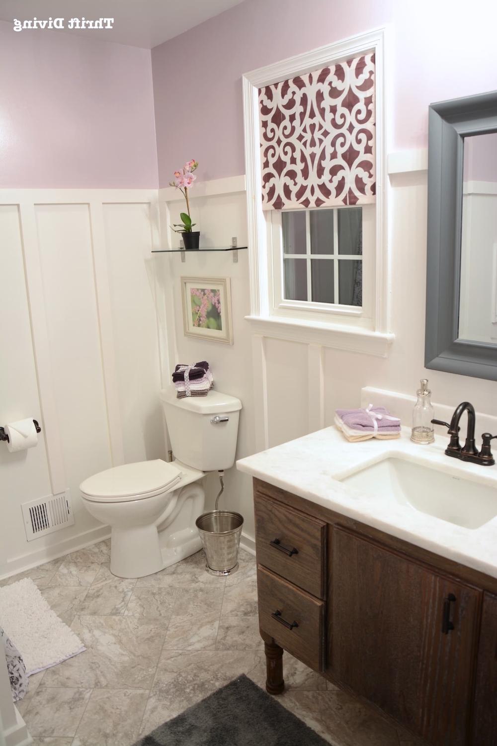 Playful bathroom design featuring patterns with lavender hues.