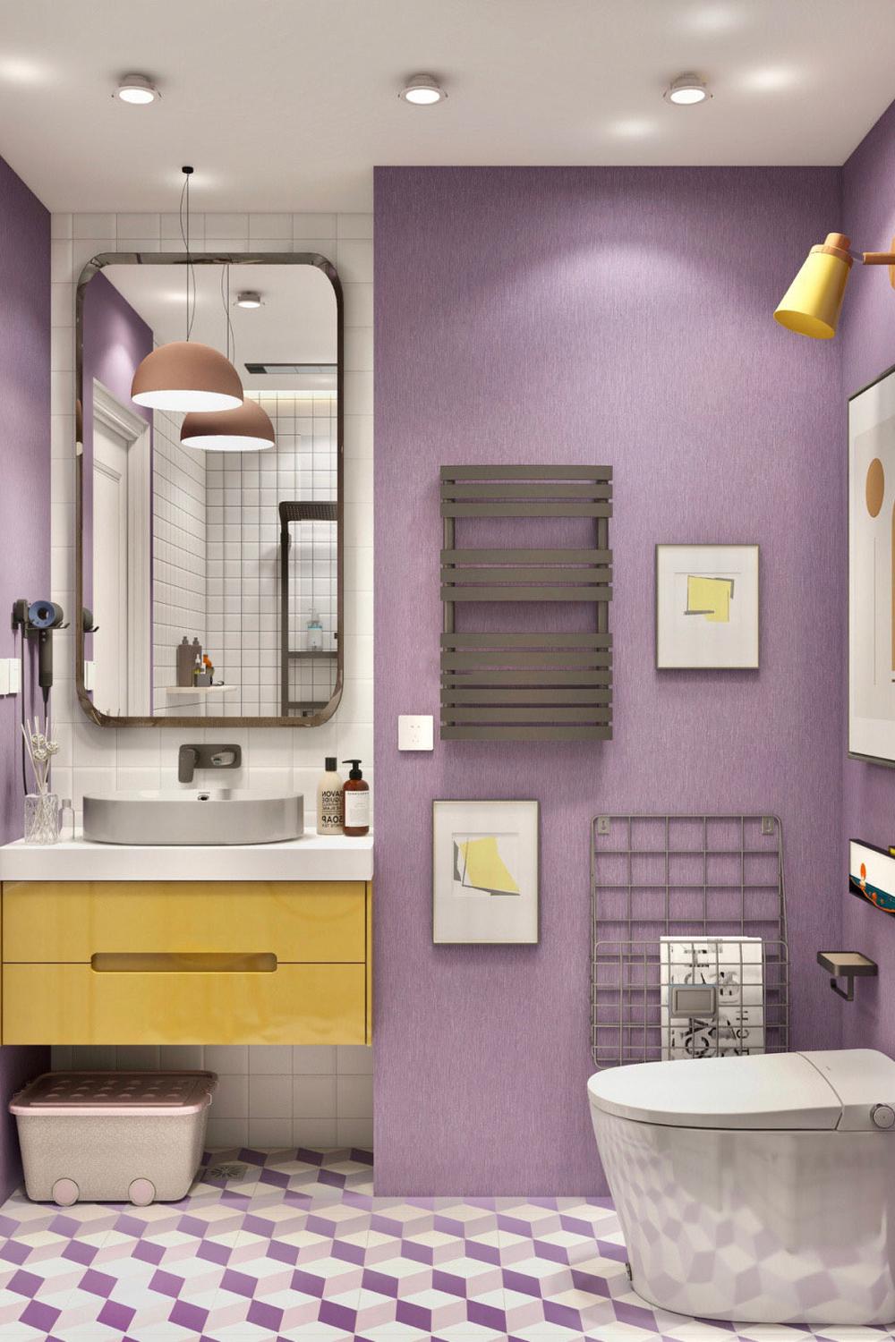 Modern bathroom design featuring lavender tones and contemporary fixtures.