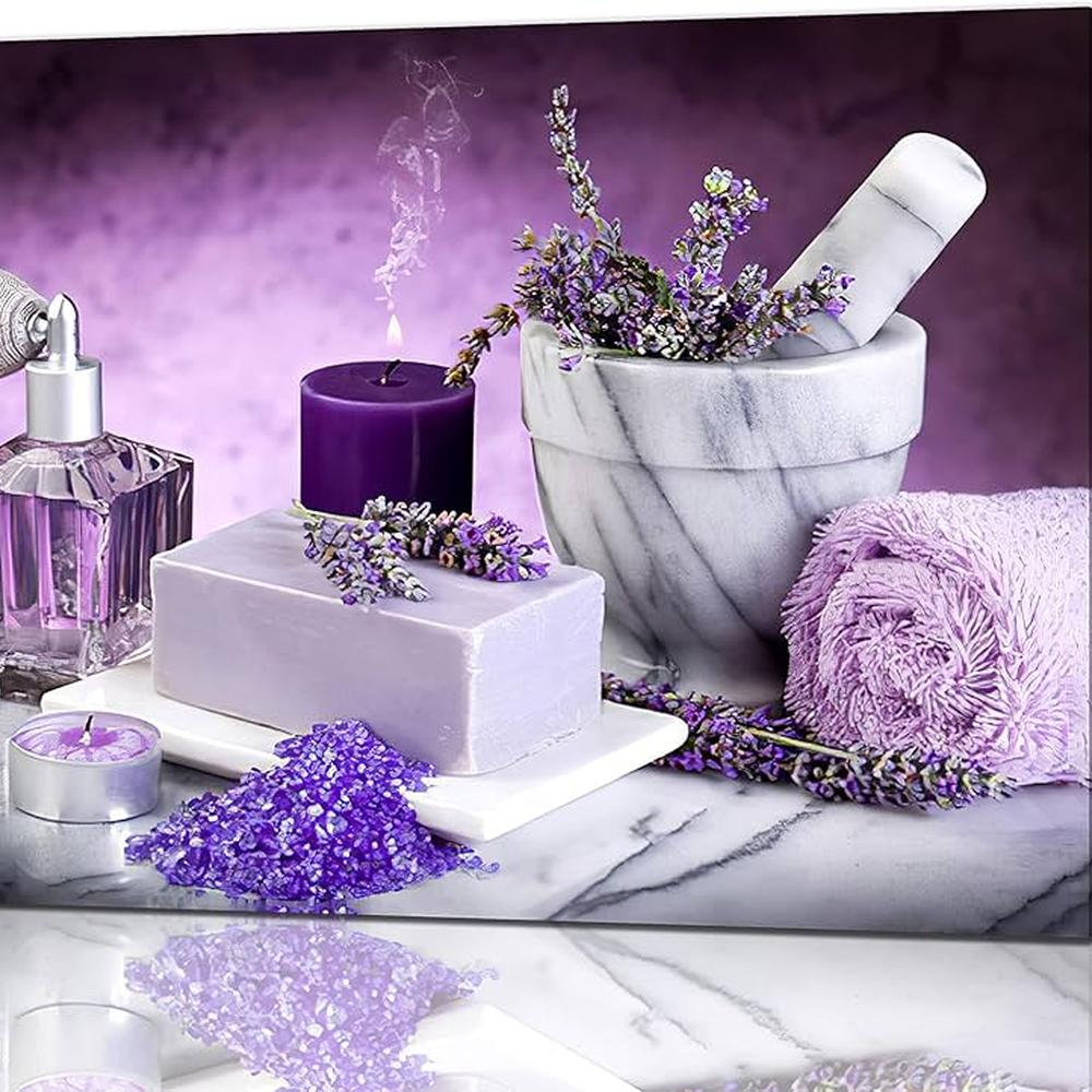 Inviting bathroom featuring lavender ambiance and floral touches.