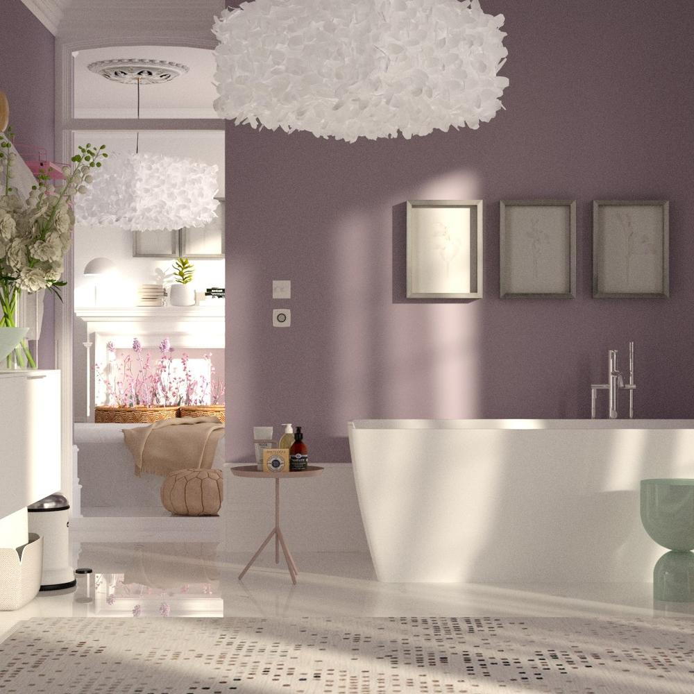 Modern bathroom featuring soothing lavender tones and inviting colors.